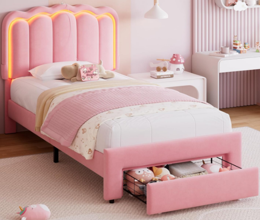 Hijob Twin Size LED Bed Frame with Storage Drawers, Velvet Upholstered Platform Bed with Adjustable Headboard, No Box Spring Needed, Pink