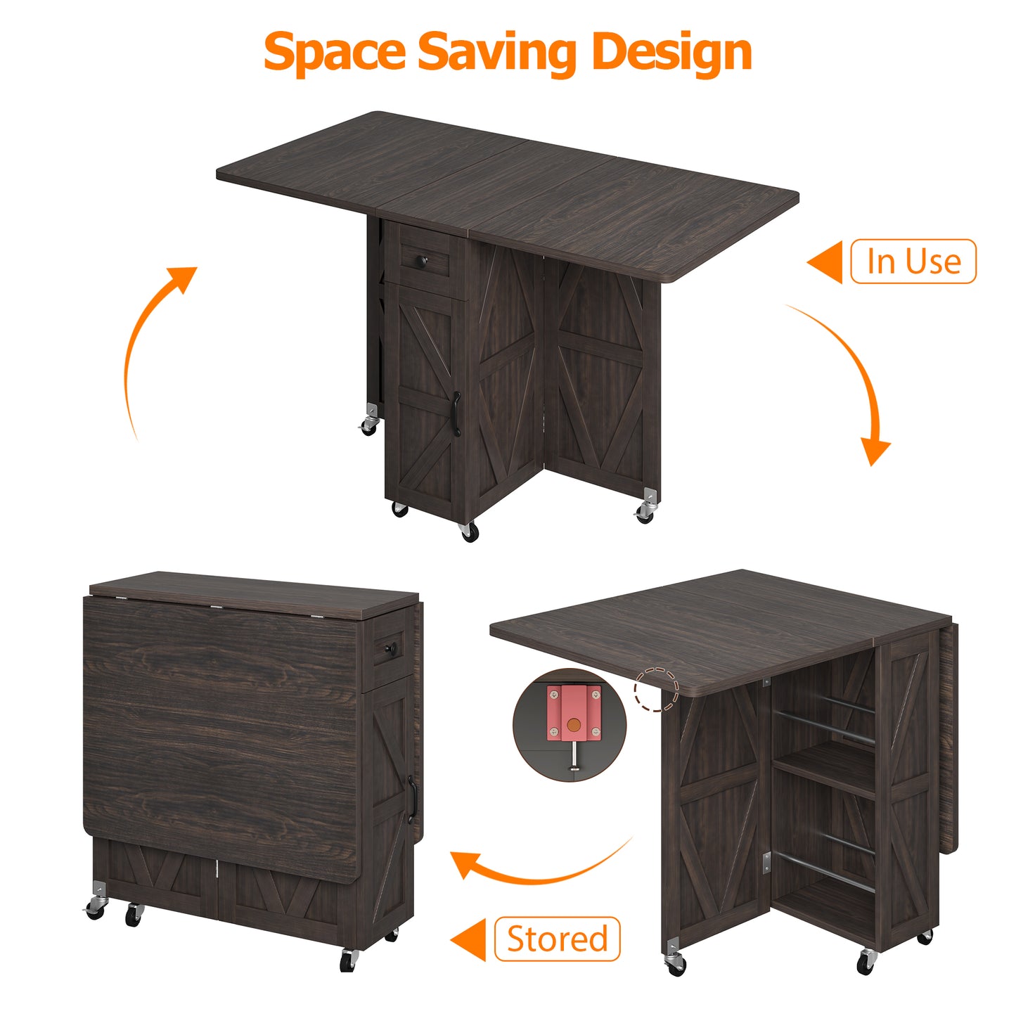 Anyact Folding Dining Table, Space Saving Dining Room Table, Folding Kitchen Table, Dark Walnut