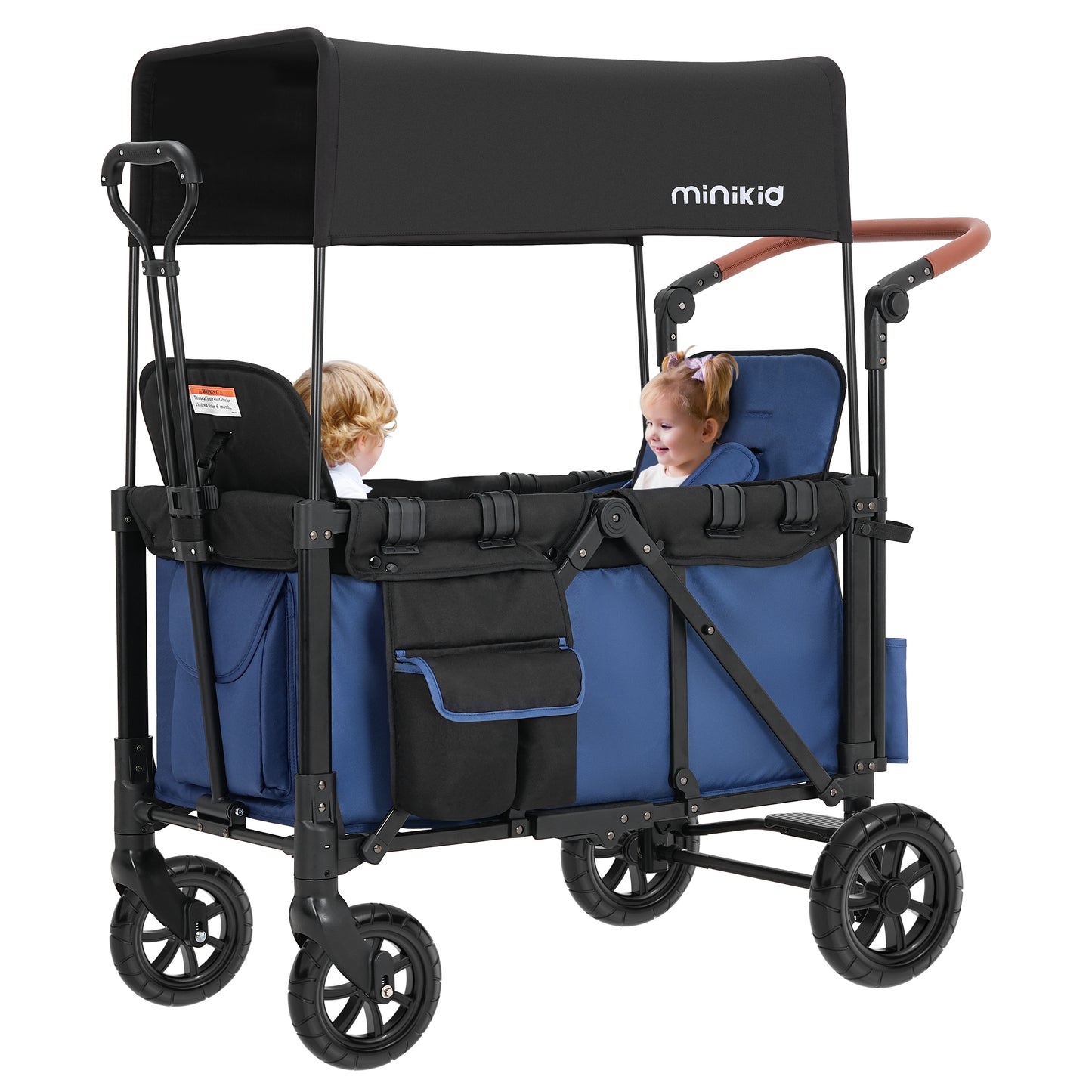 Minikid Double Wagon Stroller,Collapsible Stroller Wagon for Kid & Pulling Goods,Toddler Stroller with 2 Seats,Adjustable Push Handle,Removable Canopy,5-Point Safety Harness,Umbrellas,Mosquito Nets