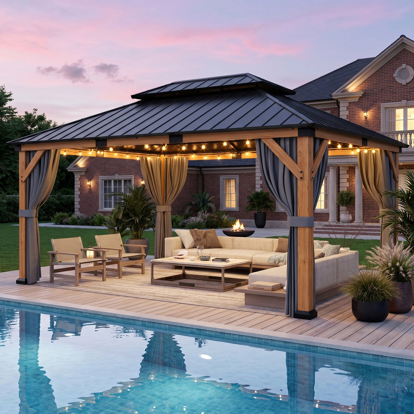 Cocosity 16FT(L) x 12FT(W) x 9.5FT(H) Outdoor Hardtop Wood Gazebo with Netting & Curtains, All-Weather Permanent Wooden Pavilion with Double Metal Roof for Patio, Backyard, Deck, and Lawn