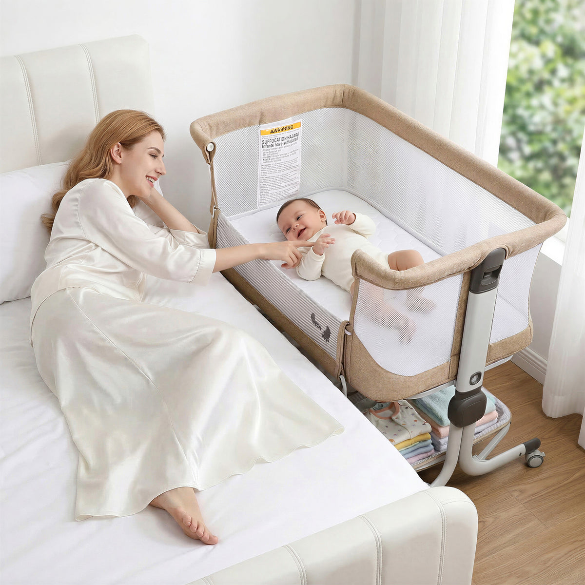 Vipuse 3-in-1 Baby Bassinet Bedside Sleeper, 6 Height Adjustments, Full Mesh Breathable, Portable Newborn Baby Crib with Storage Basket,Oatmeal