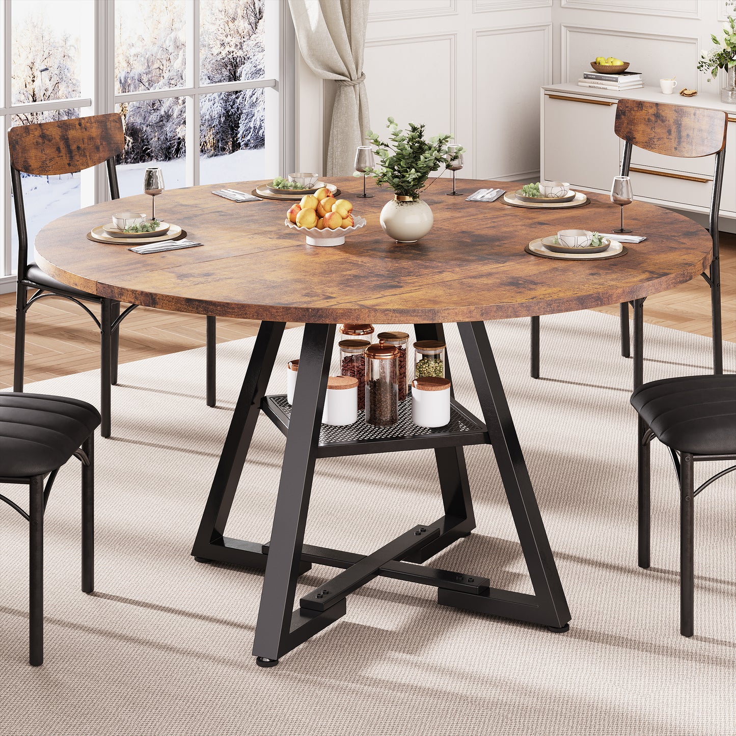 Hijob 47 inch Wood Dining Table for 4, Round Kitchen Dining Table with Storage Shelf for Home Dining Room Living Room, Brown(Only Table)