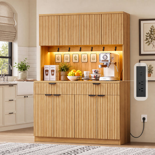 HiJob 71" Tall Fluted Kitchen Pantry Cabinet with Microwave Shelf,Natural-4Door