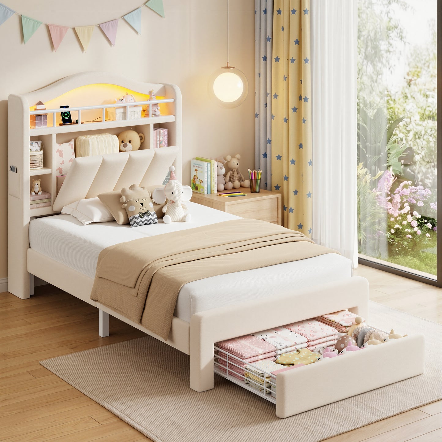 Hijob Beige Velvet Upholstered Platform Twin Size LED Bed Frame with Drawer Adjustable Lighted Headboard for Girls Kid's Bedroom