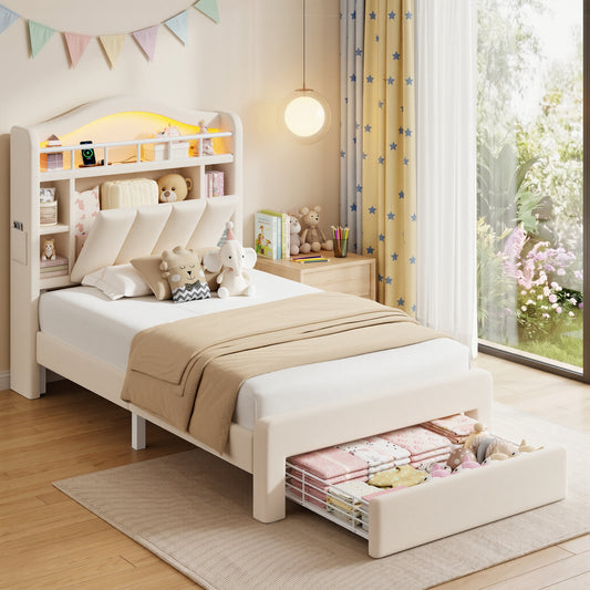 Hijob Beige Velvet Upholstered Platform Twin Size LED Bed Frame with Drawer Adjustable Lighted Headboard for Girls Kid's Bedroom