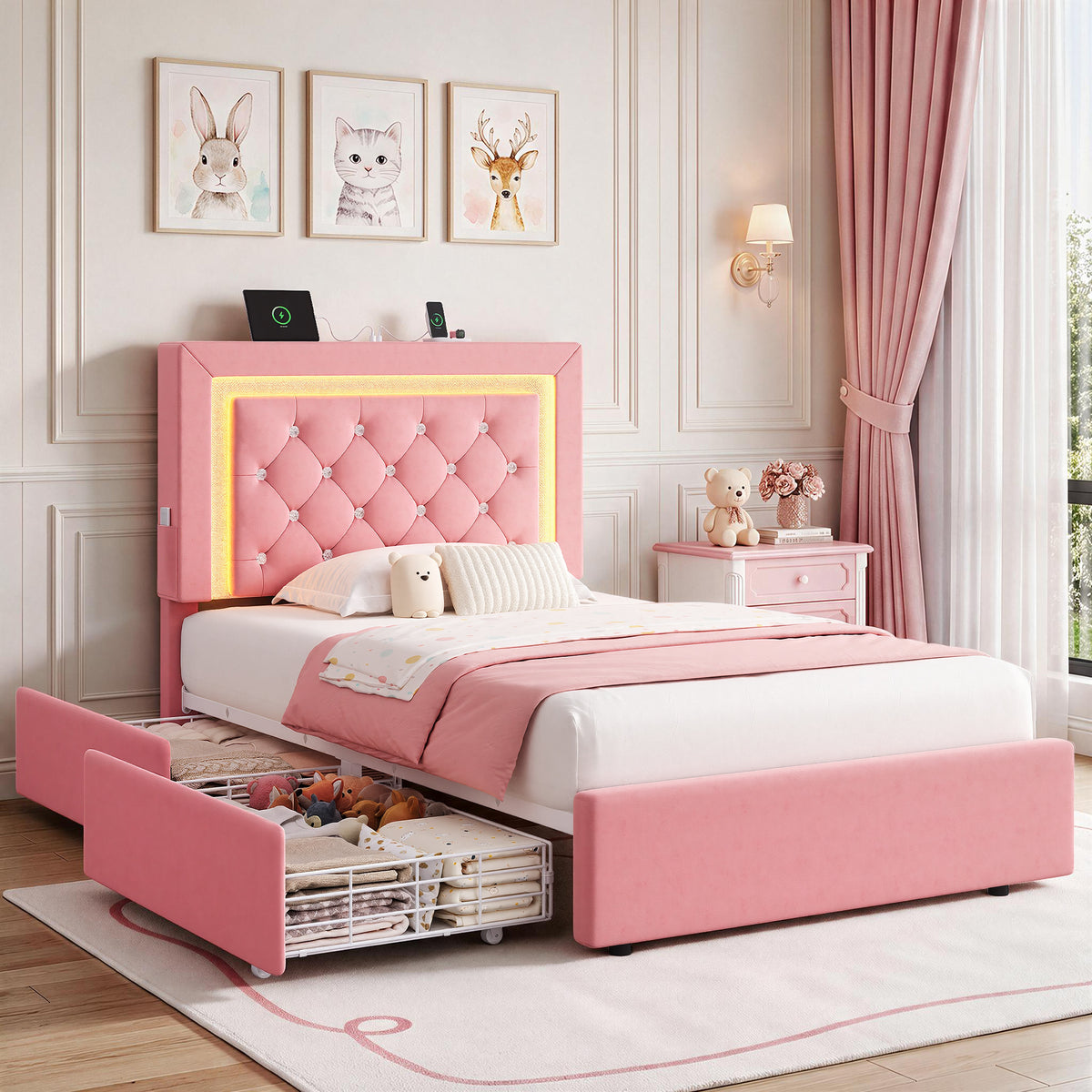 Hijob Twin Size LED Bed Frame with Storage Drawers, Velvet Upholstered Platform Bed with Adjustable Headboard, Built in Charging Station, Pink