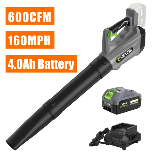 Vipuse Cordless Stepless Speed 600CFM 160MPH Leaf Blower with One 4.0Ah Batteries and Charger, 20V Electric Tool for Patio Cleaning/Lawn Care/Blowing Leaves/Dust