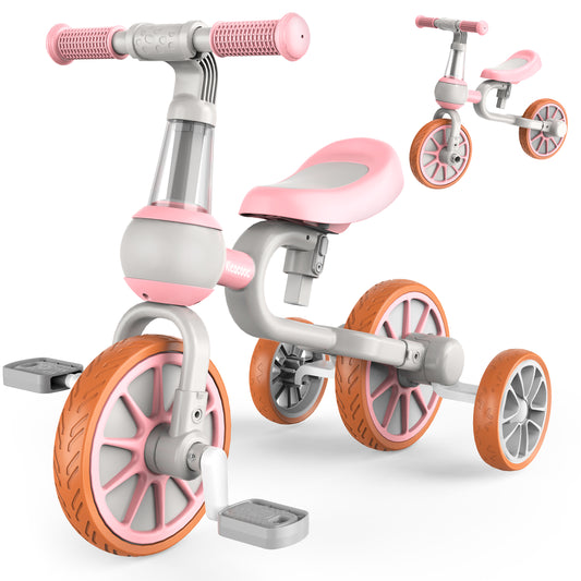 Kicacooc Baby Balance Bike for 2-4 Year Old Boys Girls 3 in 1 Toddler Balance Bike with Removable Pedal and Training Wheels, 2 Year Old Birthday Gift - Pink