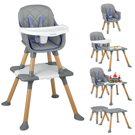 Minikid Wooden Baby High Chair with Removable Tray, 8 in 1 Convertible Feeding Highchair for Toddlers,Gray