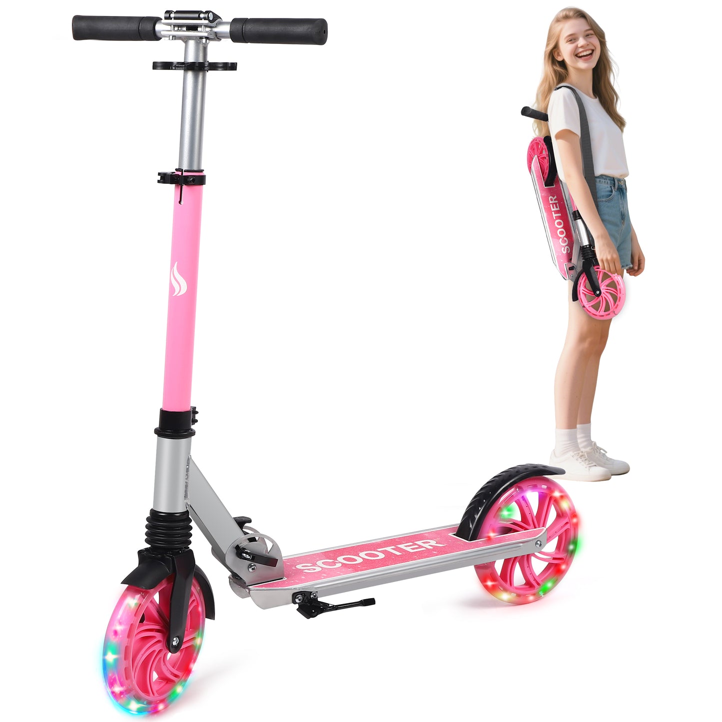Skyhot Kick Scooter for Ages 6+, Sturdy Wide Deck Rear Brake Scooter for Teens, Pink