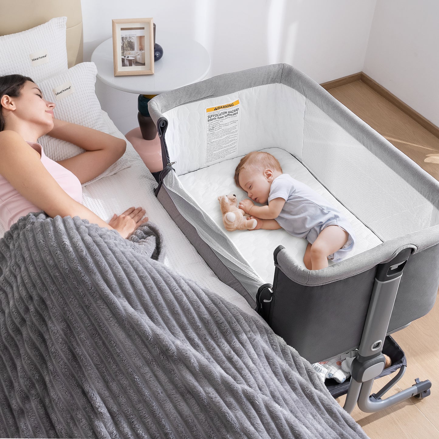 Anyask Baby Bedside Bassinet with 6 Height Adjustable & Mosquito Net & Storage&Lockable Wheels for Infants, Dark Grey