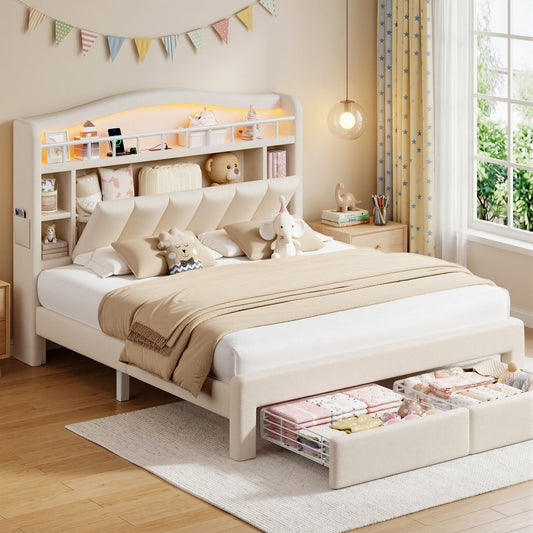 Hijob Beige Velvet Upholstered Platform Full Size LED Bed Frame with Drawer Adjustable Lighted Headboard for Girls Kid's Bedroom
