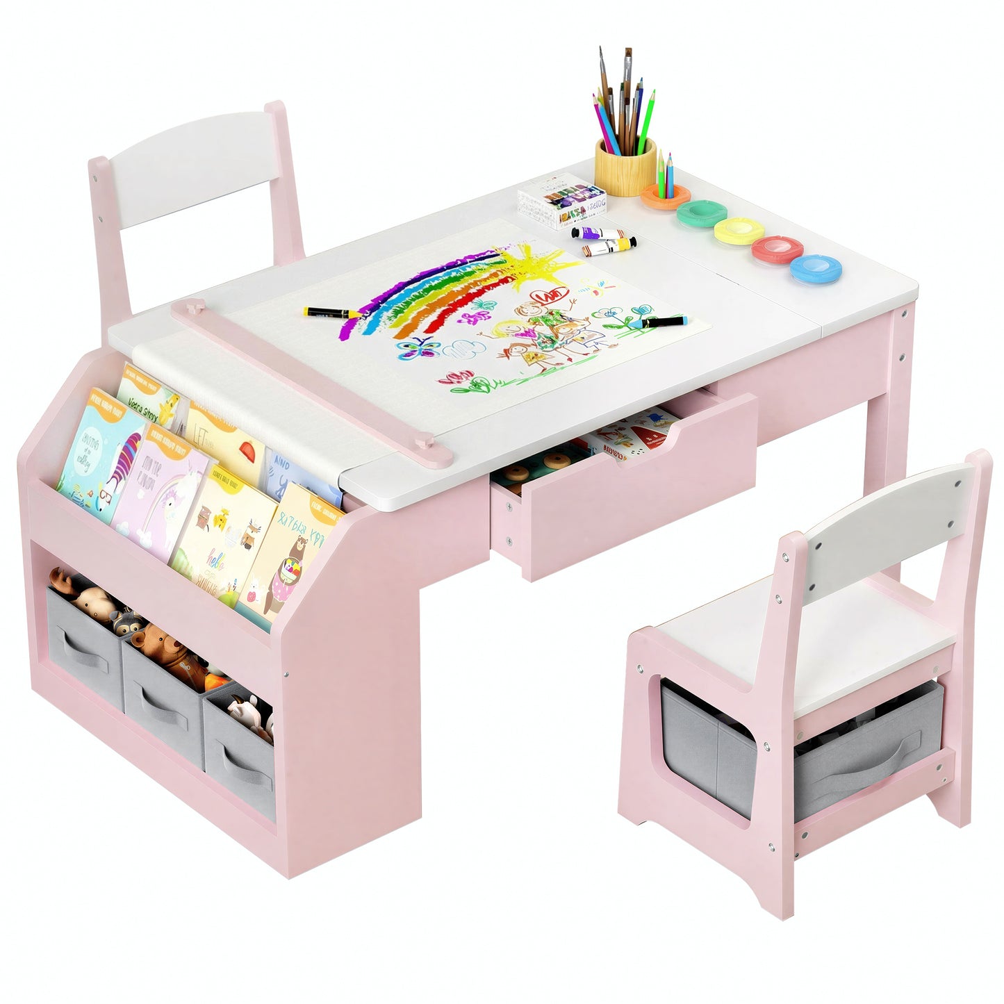 Hijob 5-in-1 Kids Art Table & Chair Set – Convertible Easel with Paper Roll Holder, Storage Drawers & Foldable Craft Desk, Toddler Activity Learning Center for Playroom, Pink
