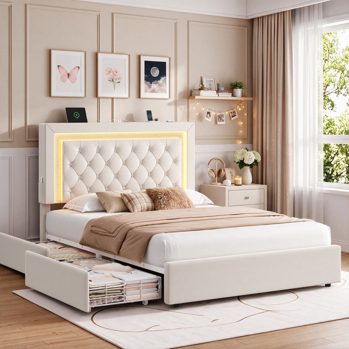 Hijob Full Size LED Bed Frame with Storage Drawers, Velvet Upholstered Platform Bed with Adjustable Headboard, Built in Charging Station, Beige
