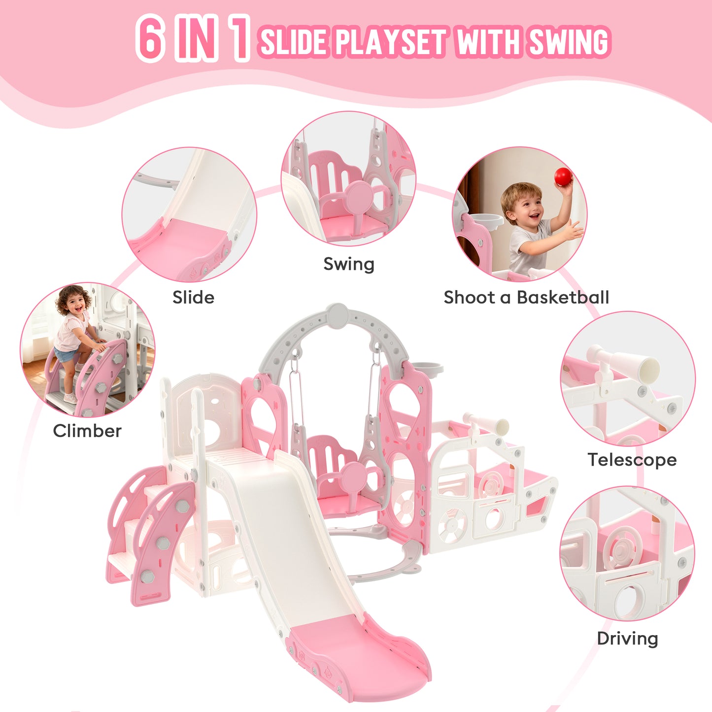 Vipuse 6 in 1 Kid Slide, Indoor and Outdoor Toddler Playground for Girls Age 1-3,Pink