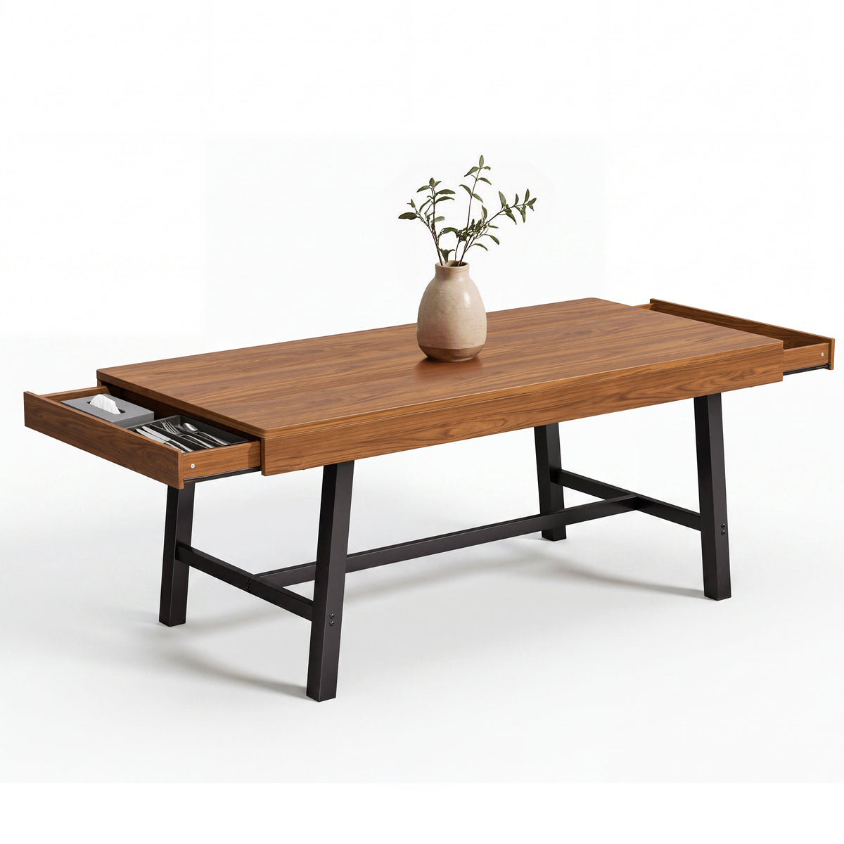 HiJob 71" Dining Table for 6-8 People with 2 Storage Drawers, 3.94" Thickened Tabletop, Modern Farmhouse Rectangular Wood Kitchen Table, Walnut Finish