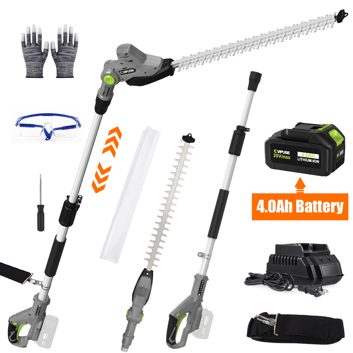Vipuse Pole Hedge Trimmer Cordless, Electric Bush Trimmer Tool with 21" Dual-Action Blade, Detachable Telescoping Pole, 4.0Ah Battery, Powerful Branches Cutter for Tree & Shrubs Pruning