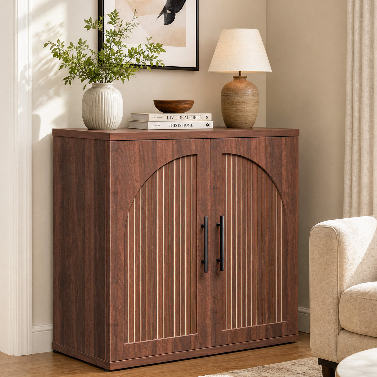 Hijob 31.5" Wide Sideboard with Arched Grooved Double Doors, Buffet Cabinet with Adjustable Shelves for Entryway, Living Room and Dining Room, Walnut
