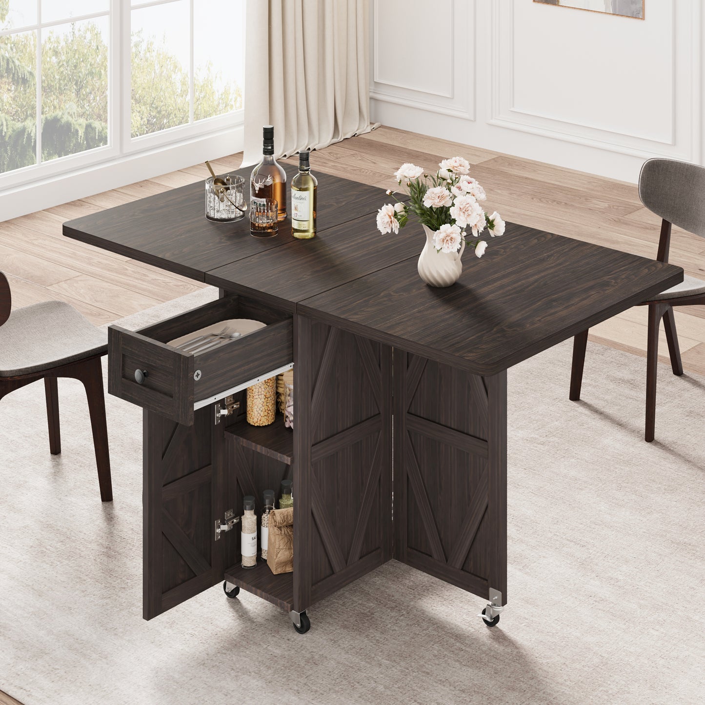 Anyact Folding Dining Table, Space Saving Dining Room Table, Folding Kitchen Table, Dark Walnut