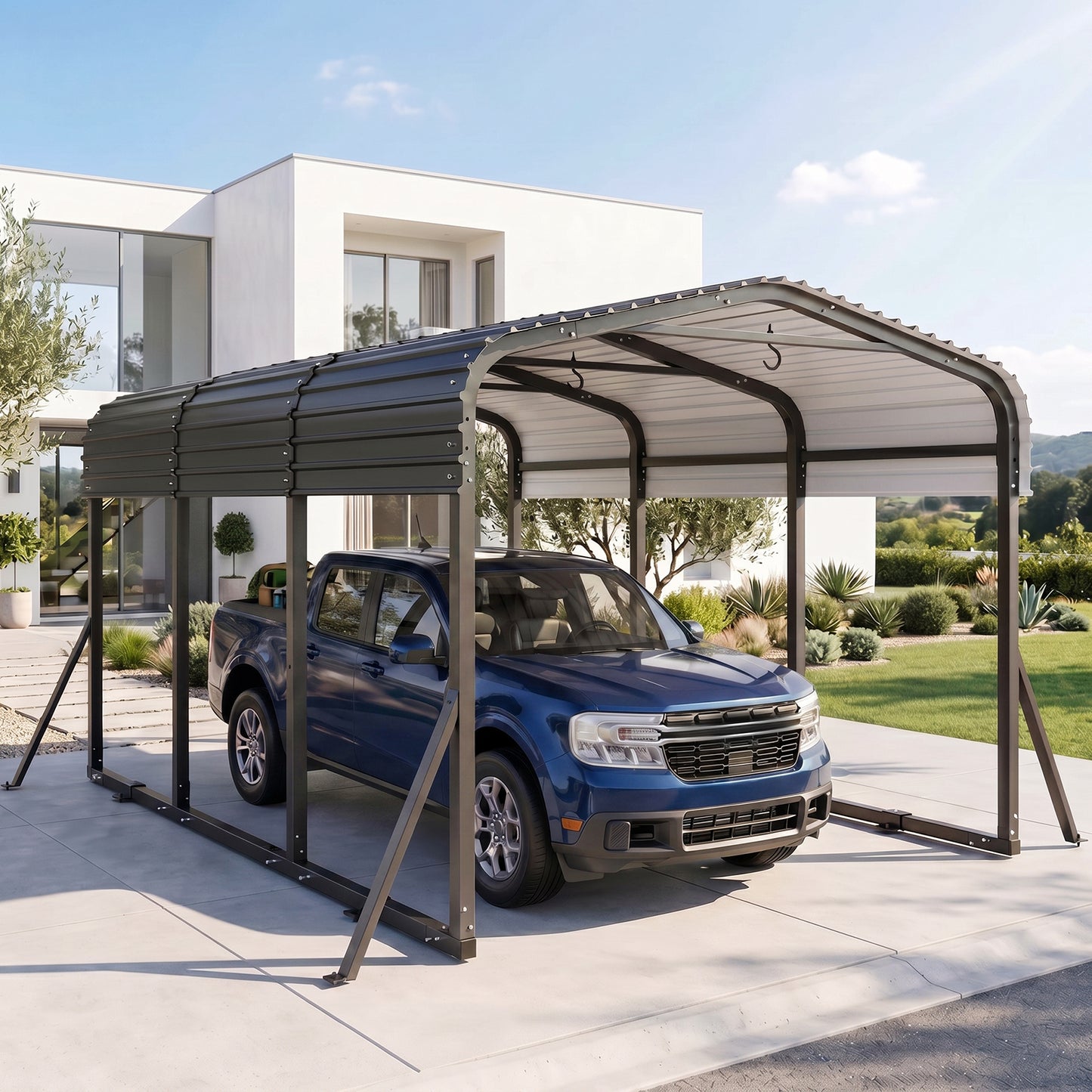 Cocosity 10x15 FT Outdoor Metal Hardtop Carport with All-Weather Galvanized Steel Roof, Multi‑Use Heavy Duty Car Shelter with Reinforced Ground Anchors for Cars, Boats, Tractor, Black