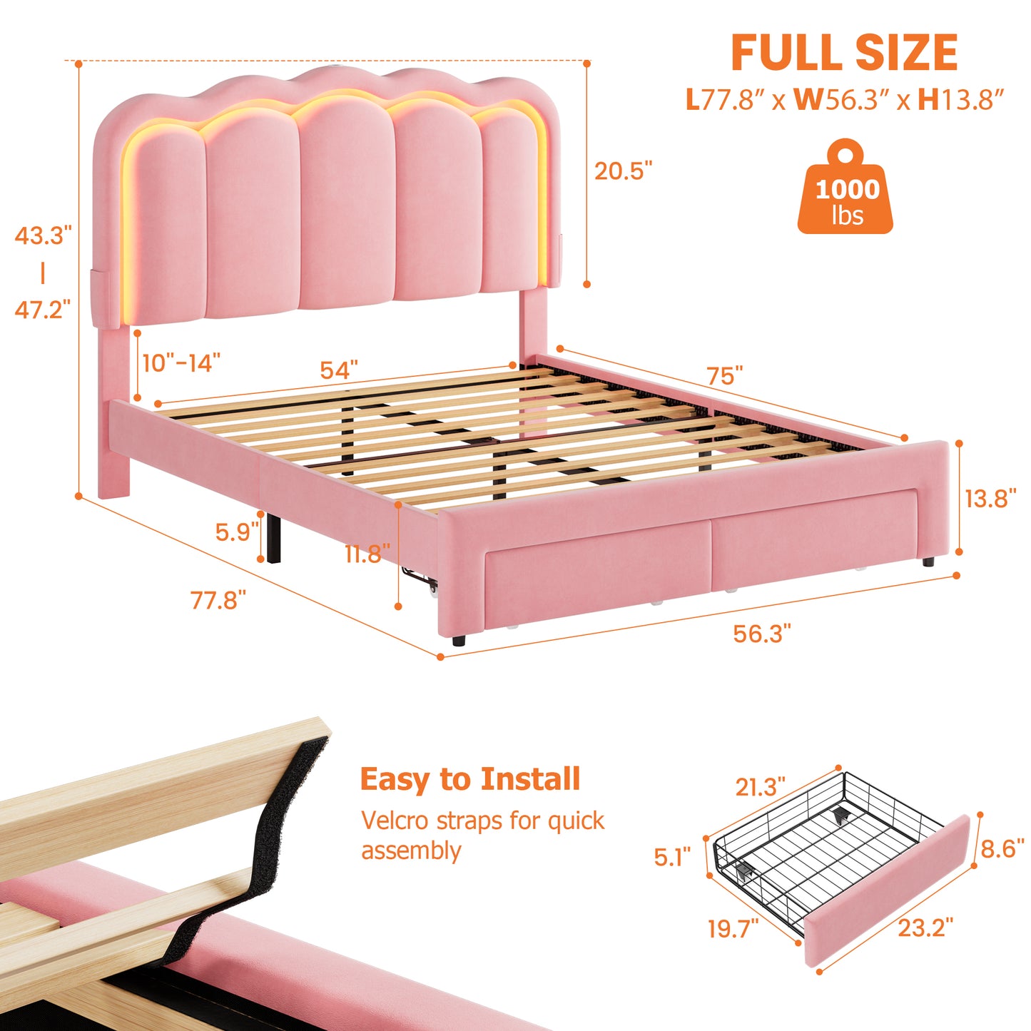 Hijob Full Size LED Bed Frame with Storage Drawers, Velvet Upholstered Platform Bed with Adjustable Headboard, No Box Spring Needed, Pink