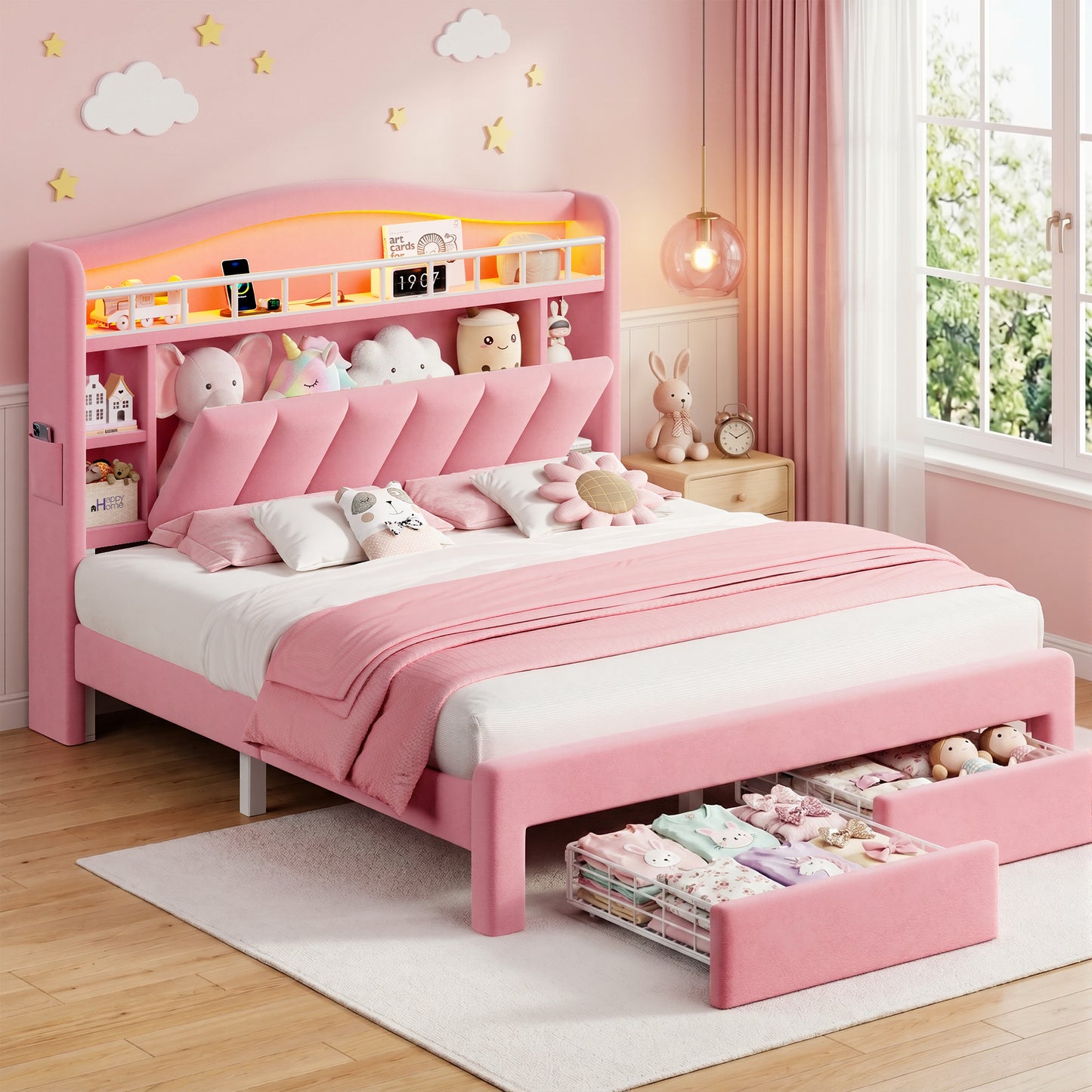Hijob Pink Velvet Upholstered Platform Full Size LED Bed Frame with Drawer Adjustable Lighted Headboard for Girls Kid's Bedroom, Pink