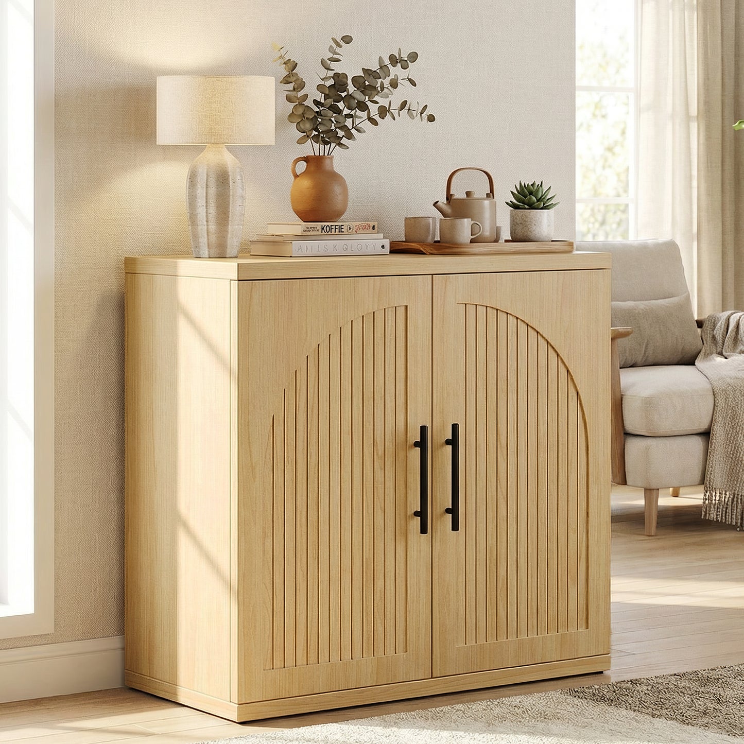 Anyact Modern 2 Door Sideboard, 32" Tall Sideboard Cabinet with Metal Handle w/Curved Profile Design, Wood Mid Century Vertical Dresser w/Natural Texture for Living Room, Natural Oak