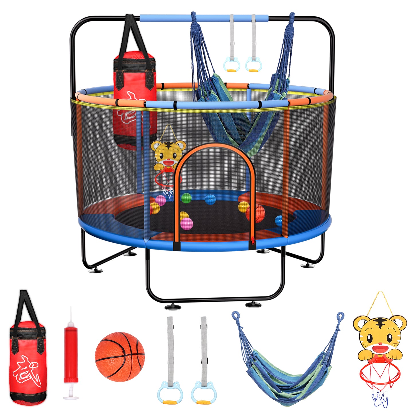 ZoWaYeBi 55 inch Mini Indoor&Outdoor Round Trampoline for Kids with Basketball Hoop/Protetive Net/Swing/Boxing Sandbag/Hanging Ring/Ocean Balls, Christmas Toy Gift for Boy/Girls/Toddler(Pink&Blue)