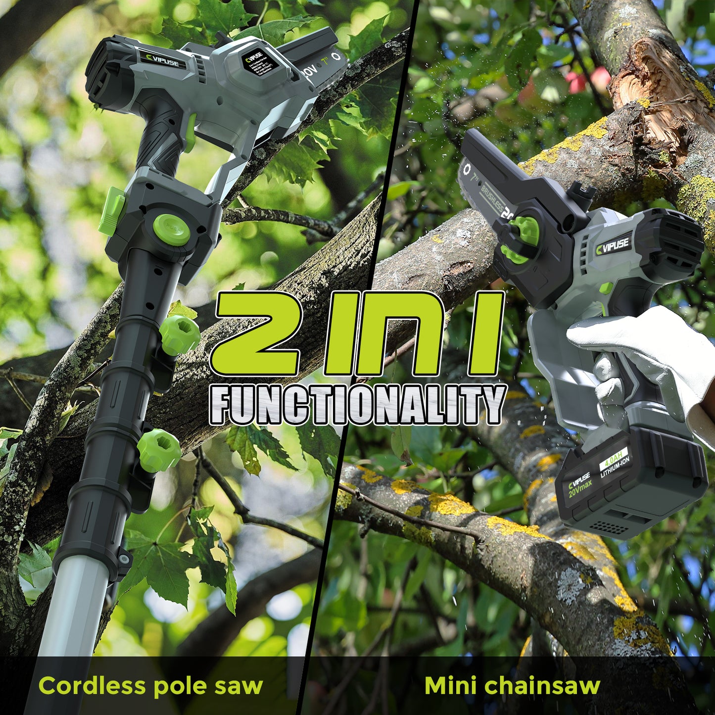 Vipuse 2-in-1 Brushless Cordless 16 FT Max Extension Pole Saws with Two 4.0Ah Rechargeable Batteries and 2.0Ah Fast Charger, 5.5lb Lightweight Auto Oiling 7 Inch Mini Chainsaws for Tree Trimming