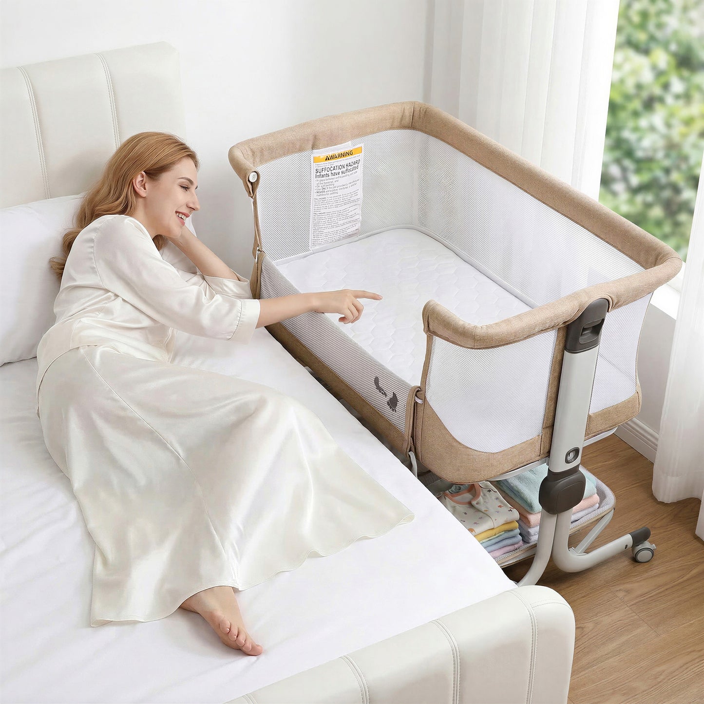 Minikid 3-in-1 Baby Bassinet Bedside Sleeper, 6 Height Adjustments, Full Mesh Breathable, Portable Newborn Baby Crib with Storage Basket,Oatmeal