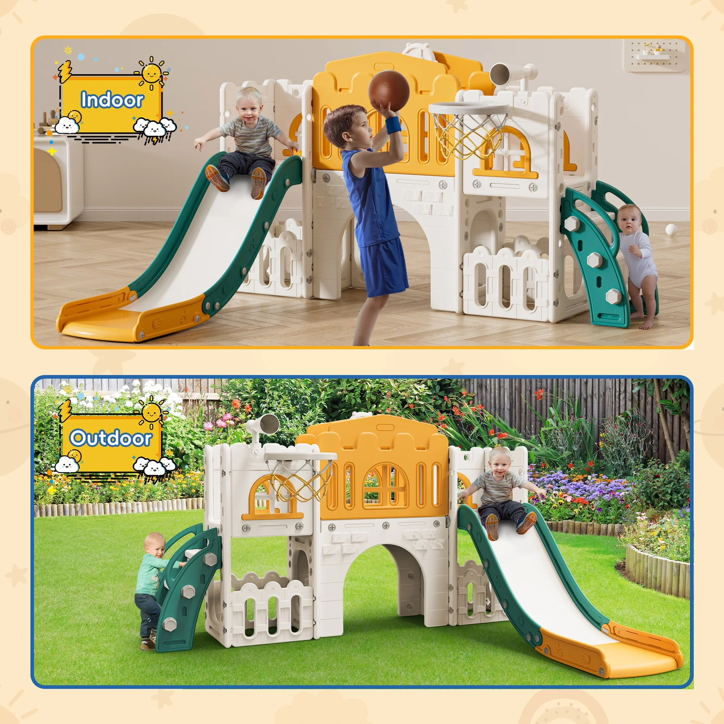 WFUN 9 in 1 Outdoor Freestanding Kids Slide Set for Toddlers Age 1+, Playground Set for Backyard, Yellow & Green