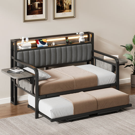 Anyact Twin Daybed with Side Table, Heavy Duty Metal Bed Frame with Pop Up Trundle, LED Lights Charging Station Upholstered Storage Headboard, Twin Sofa Bed for Living Room Bedroom Guest Room, Gray
