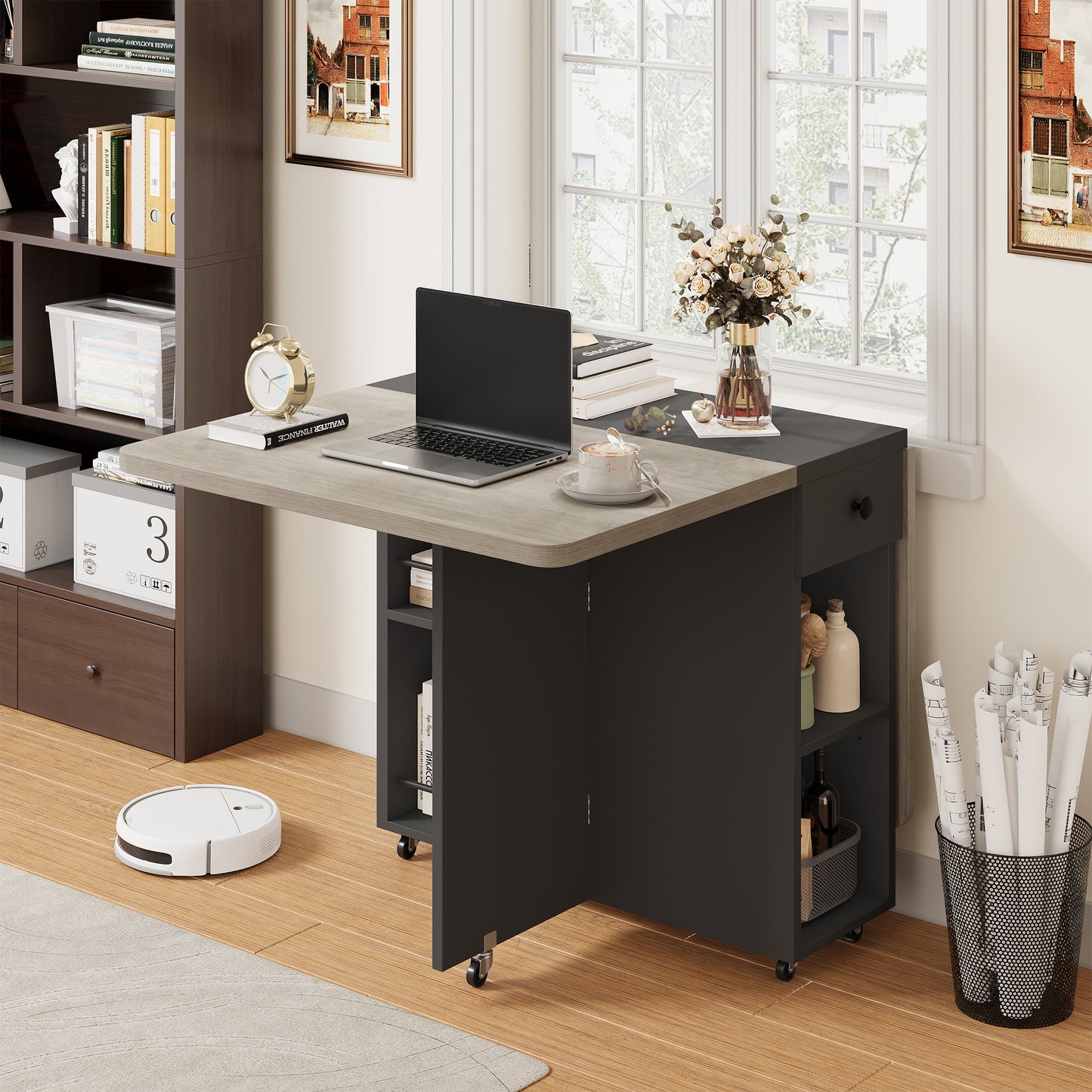 Hijob Folding Dining Table for 4, Drop Leaf Dining Table with 6 Wheels and 2-Layer Storage Shelf, Space Saving Kitchen Table for Small Spaces, Apartment, Grey Carlo Oak + Matte Black