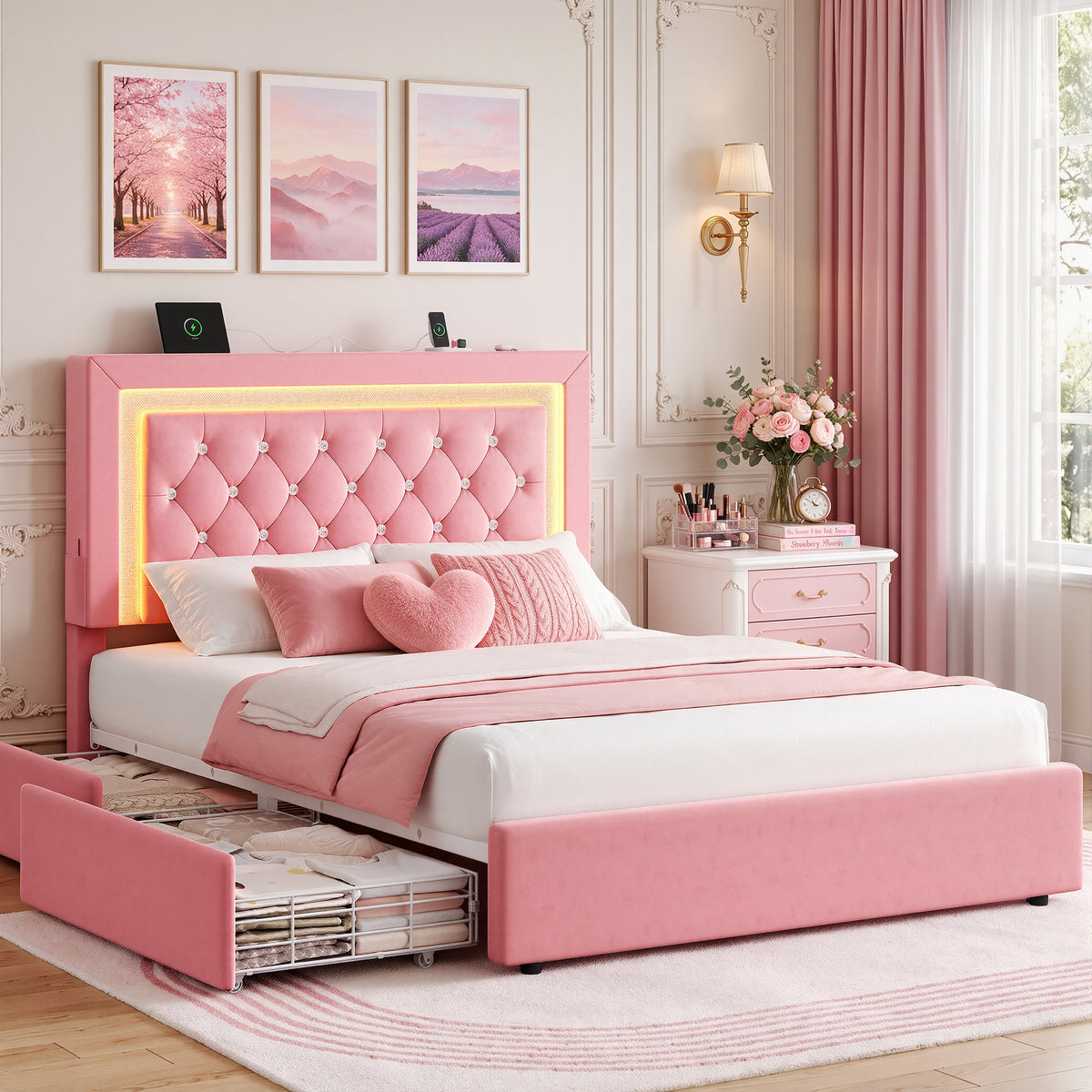 Hijob Full Size LED Bed Frame with Storage Drawers, Velvet Upholstered Platform Bed with Adjustable Headboard, Built in Charging Station, Pink