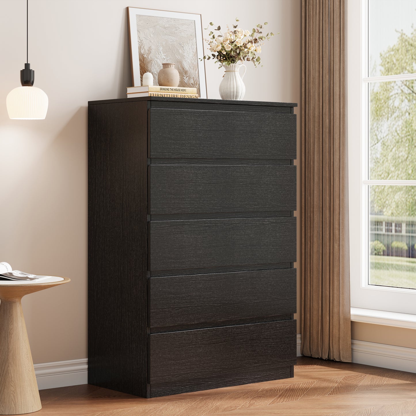 Hijob 5 Drawer Dresser, Modern Storage Cabinet for Bedroom, Tall Chest of Drawers for Living Room Bedroom, Black