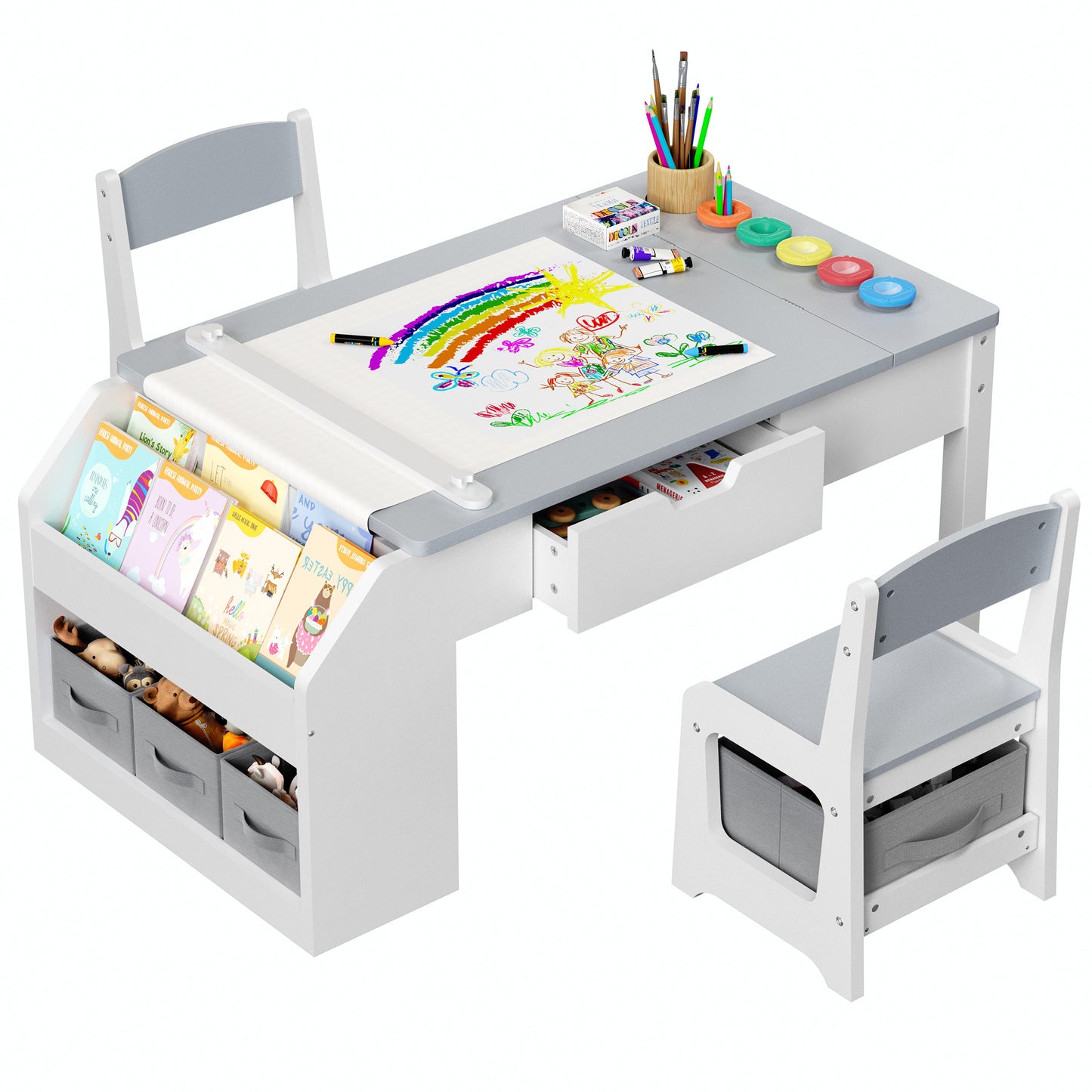 Hijob 5-in-1 Kids Art Table & Chair Set – Convertible Easel with Paper Roll Holder, Storage Drawers & Foldable Craft Desk, Toddler Activity Learning Center for Playroom, Gray