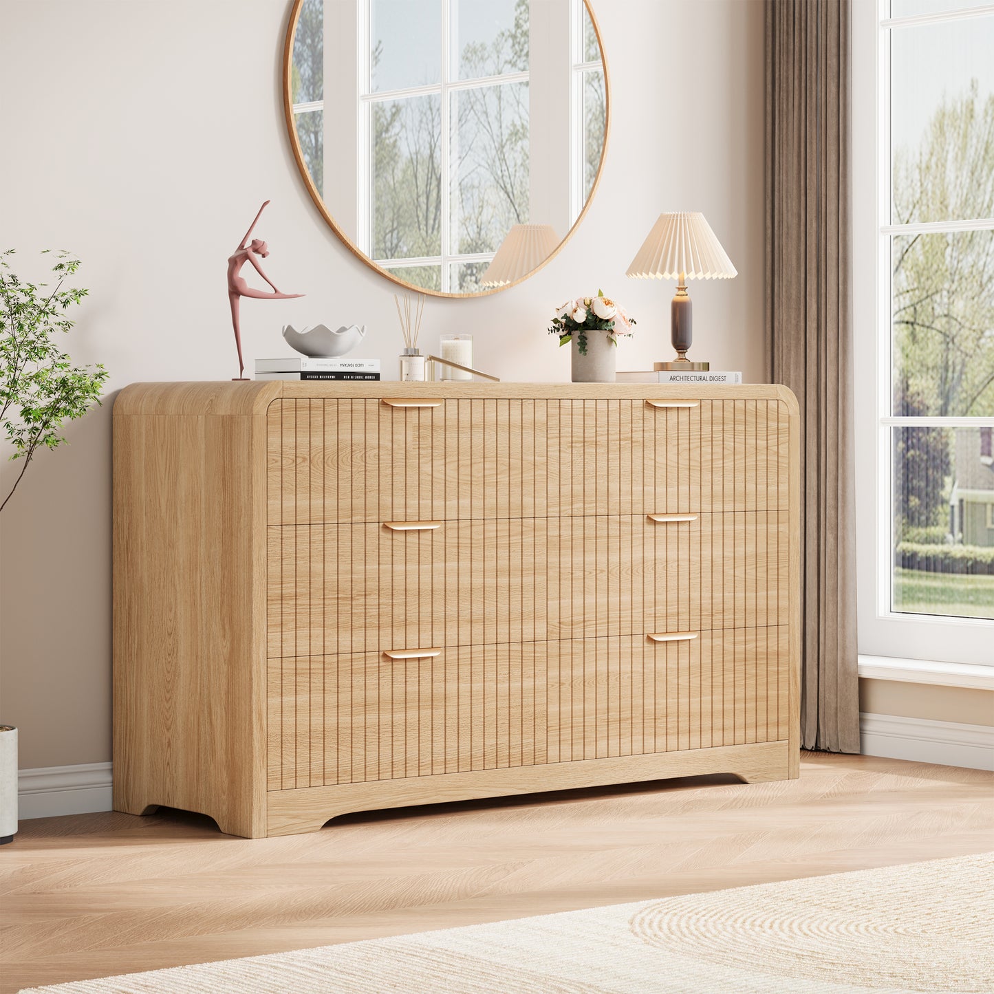 Anyact Modern 6 Drawers Dresser for Bedroom, 47.3" Long Dressers with Metal Handle w/Curved Profile Design, Wood Mid Century Vertical Dresser w/Natural Texture for Bedroom, Living Room, Natural Oak
