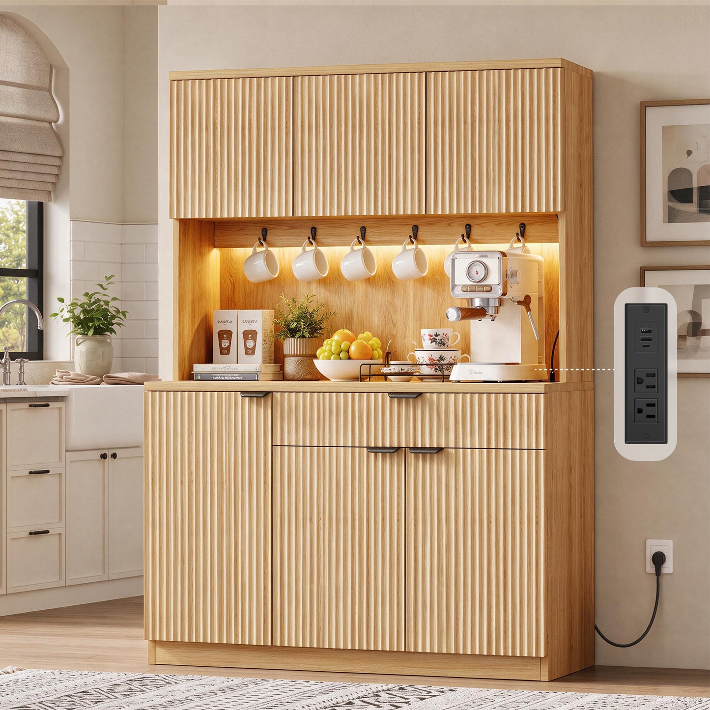 HiJob 71" Tall Fluted Kitchen Pantry Cabinet with Microwave Shelf, Natural- 3door