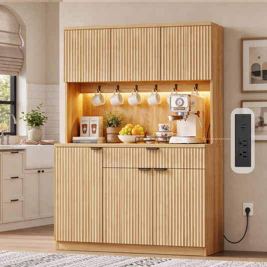 HiJob 71" Tall Fluted Kitchen Pantry Cabinet with Microwave Shelf, Natural- 3door