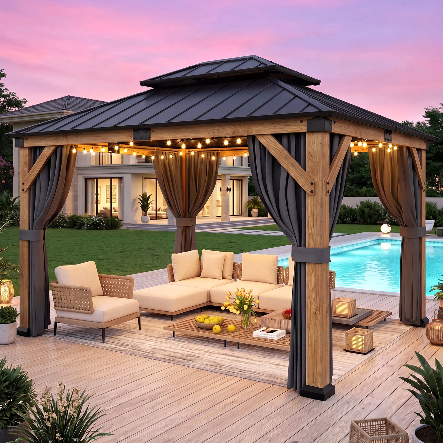 Cocosity  12FT(L) x 10FT(W) x 9.5FT(H) Outdoor Hardtop Wood Gazebo with Netting & Curtains, All-Weather Permanent Wooden Pavilion with Double Metal Roof for Patio, Backyard, Deck, and Lawn