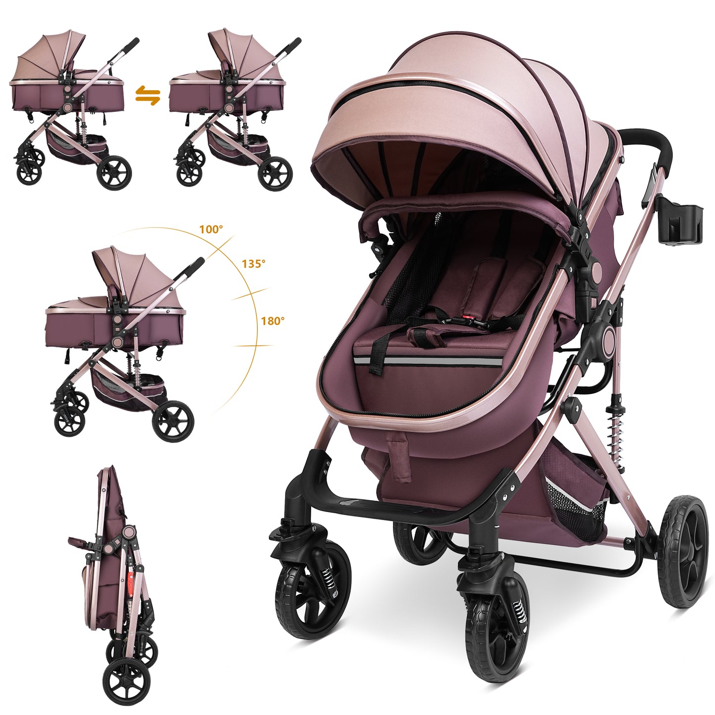 Welbabel Convertible Baby Stroller,Foldable Coches Para Bebes,Travel Stroller with Adjustable Canopy,Removable Footmuff, Adjustable Backrest,Newborn Bassinet Pram for 0-36 Months Baby,Brown