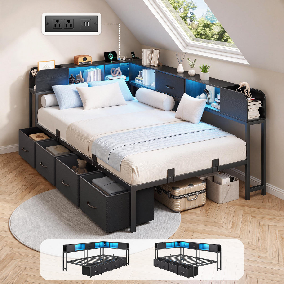 HiJob Twin Corner Bed Frame with 4 Large Underbed Drawers, Bookshelf, RGB LED Lights and Charging Station, L-Shaped Metal Twin Daybed for Bedroom, Apartment, Black