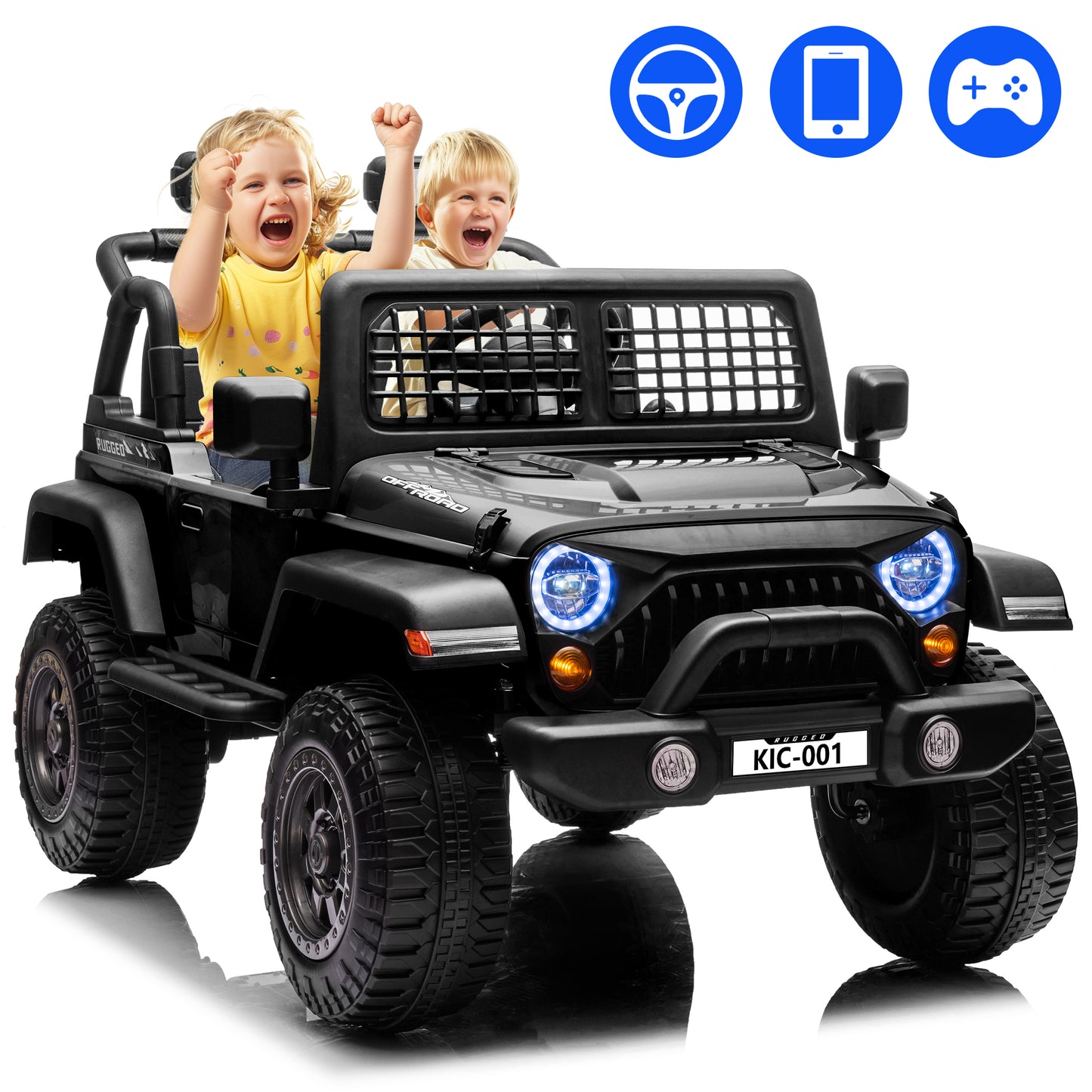 Kicacooc 24V Kids Ride On Truck Car w/Remote Control, APP Control and Self-driving, Electric Powered Ride on Car with LED Lights, Bluetooth - Black