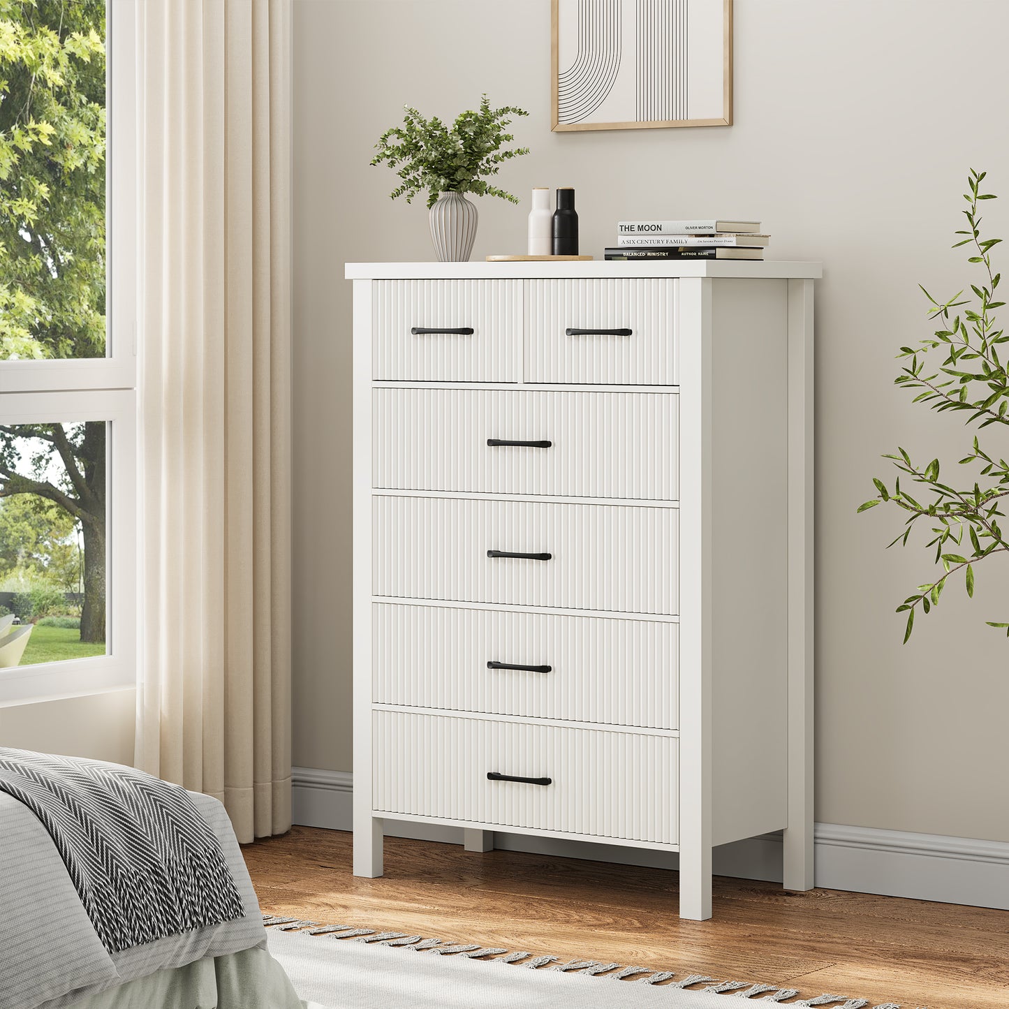 Nifamembo Fluted Dresser with 6 Wood Drawers, Dressers & Chests of Drawers Smooth Metal Rail