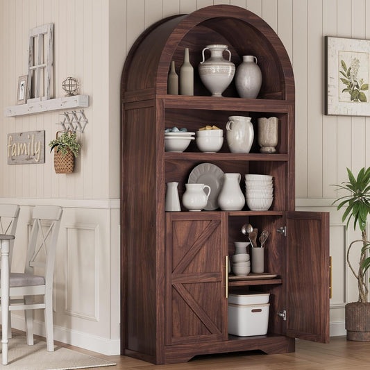 Anyact 71" Arched 5-Tier Farmhouse Bookcase & Kitchen Pantry Cabinet – Wooden Storage for Living Room(Walnut)
