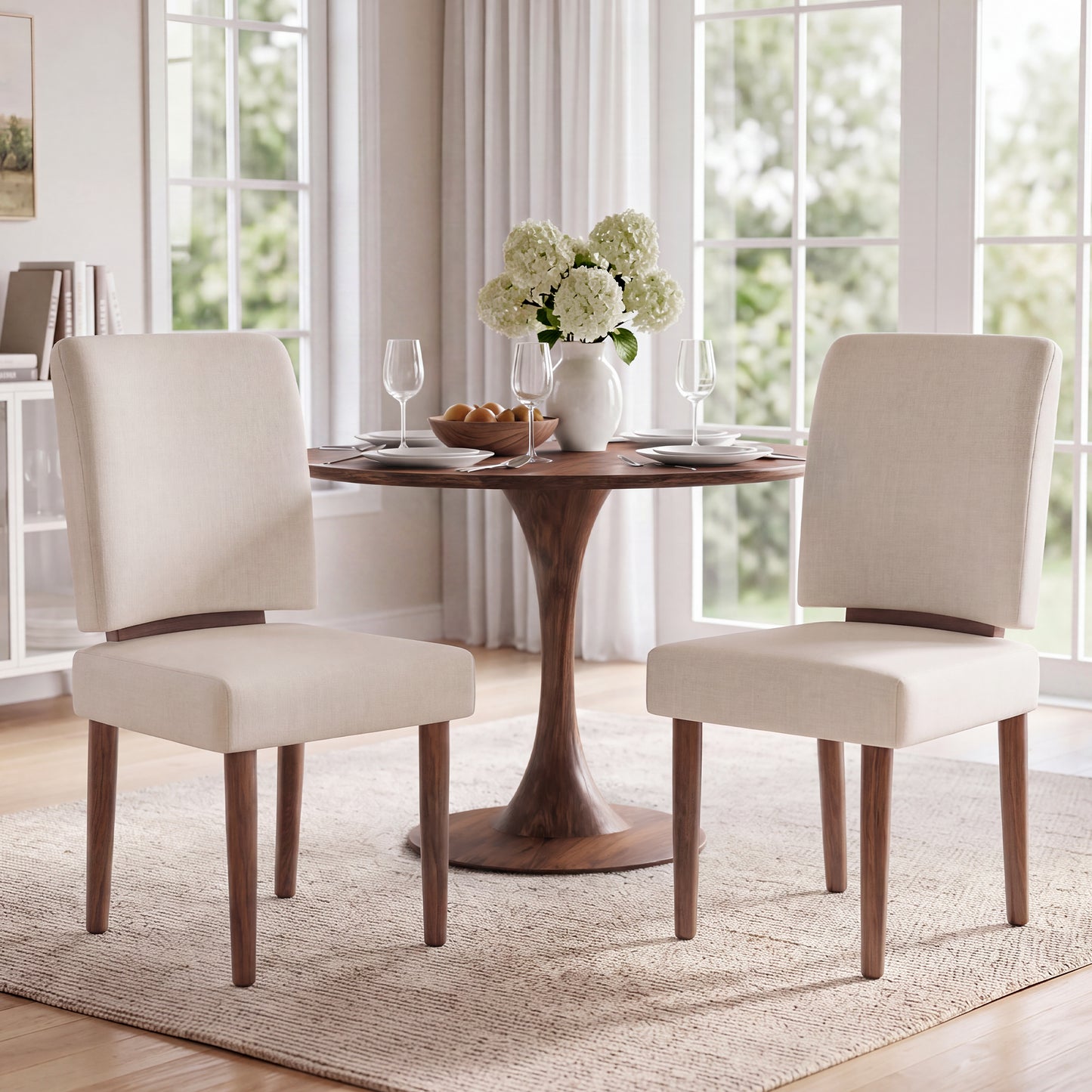 Hijob Upholstered Dining Chairs set of 2, Mid-Century Modern Solid Wood Legs Kitchen Chairs with Padded Seat & Backrest, Beige Fabric Accent Chairs for Dining Room, Living Room, Bedroom