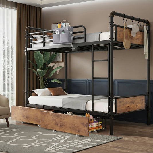 Anyact Metal Twin over Twin Size Bunk Bed with 2 Storage Drawers and USB Charging Station, Vintage Brown