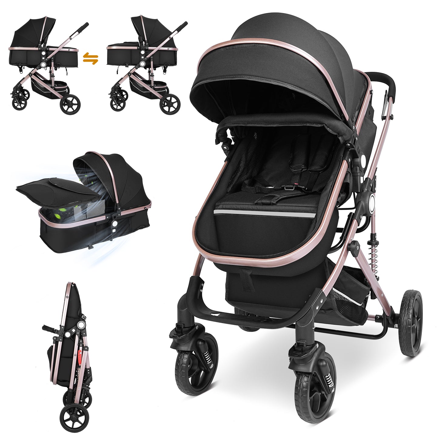 Welbabel Coches Para Bebes,Foldable Baby Stroller Reversible Bassinet,Mom Push Stroller with Adjustable Canopy,Removable Footmuff, Adjustable Backrest,Toddler Stroller for 0-36 Months Baby,Black