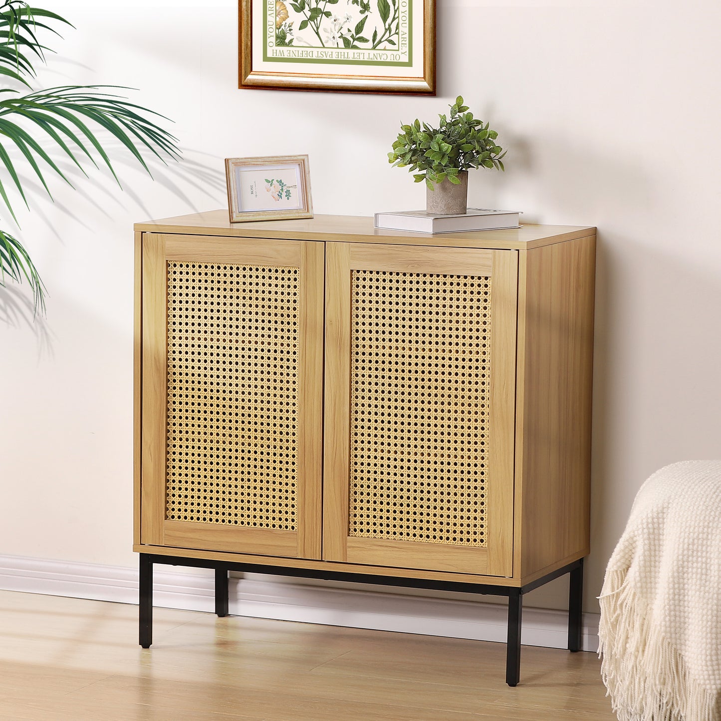 Nifamembo Sideboard Buffet Kitchen Storage Cabinet with Rattan Decorated Doors, Liquor/Accent Cabinet, Natural