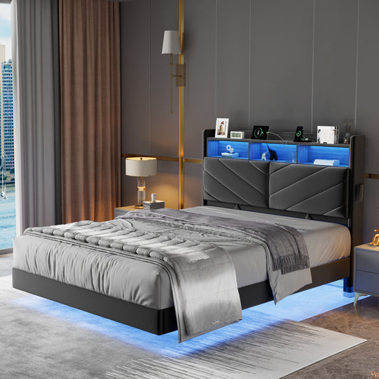 Anyact Full Size Floating Bed Frame with LED Upholstered Platform, Velvet Bed Frame & Ergonomic Storage Headboard, Charging Station, Gray